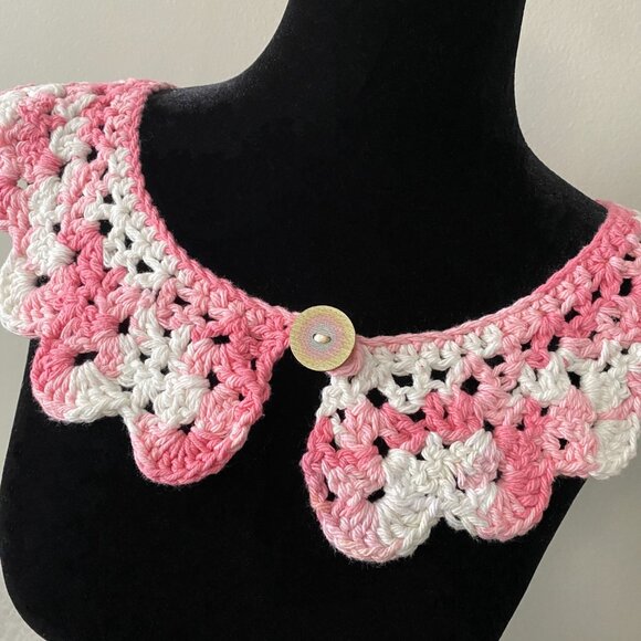 Handmade Crochet Pink White Cotton Wide Neck Collar Neckwear Accessory - Picture 2 of 6